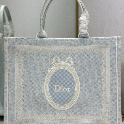 DIOR 26S BOOK TOTE BAG 42 IN LIGHT BLUE AND BEIGE BAYADERE FABRIC
