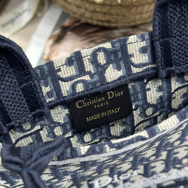 DIOR 26S BOOK TOTE BAG 20 IN NAVY BLUE AND BEIGE FABRIC OBLIQUE FABRIC