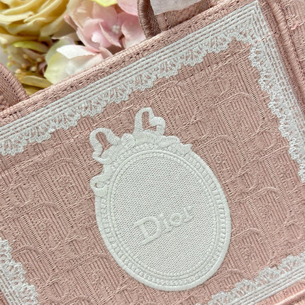 DIOR 26S  BOOK TOTE BAG 20 IN LIGHT PINK AND WHITE FABRIC