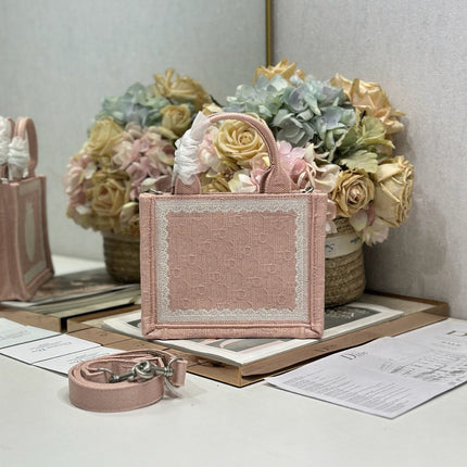 DIOR 26S  BOOK TOTE BAG 20 IN LIGHT PINK AND WHITE FABRIC