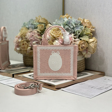 DIOR 26S  BOOK TOTE BAG 20 IN LIGHT PINK AND WHITE FABRIC