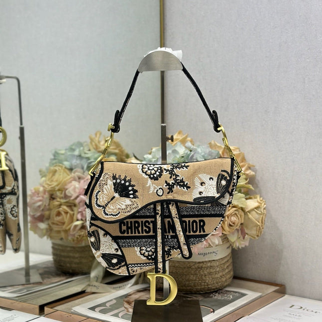 DIOR 26S SADDLE BAG 25 IN BEIGE MIX BLACK WOVEN FABRIC