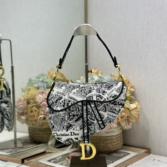 DIOR 26S SADDLE BAG 25 IN WHITE MIX BLACK WOVEN FABRIC