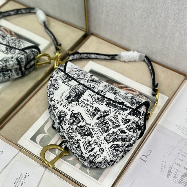 DIOR 26S SADDLE BAG 25 IN WHITE MIX BLACK WOVEN FABRIC