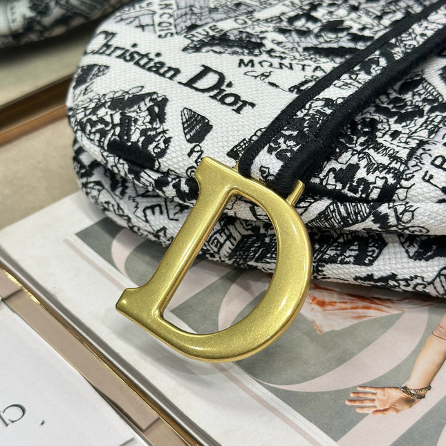 DIOR 26S SADDLE BAG 25 IN WHITE MIX BLACK WOVEN FABRIC