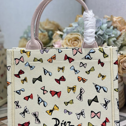 DIOR 26S MINI BOOK TOTE 26 IN BEIGE WHITE BOW PRINT WOVEN FABRIC