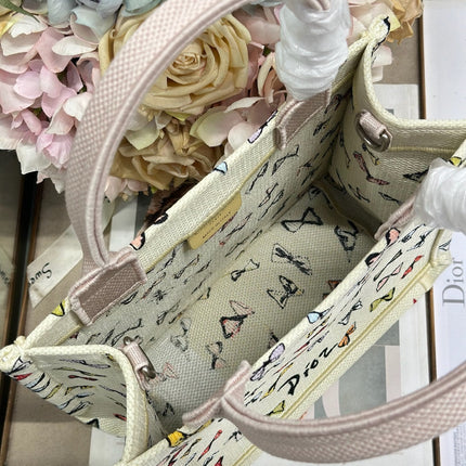 DIOR 26S MINI BOOK TOTE 26 IN BEIGE WHITE BOW PRINT WOVEN FABRIC