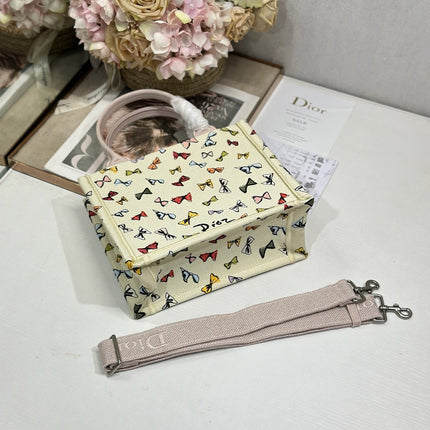 DIOR 26S MINI BOOK TOTE 26 IN BEIGE WHITE BOW PRINT WOVEN FABRIC