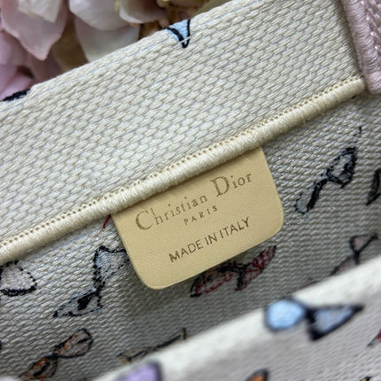 DIOR 26S MINI BOOK TOTE 26 IN BEIGE WHITE BOW PRINT WOVEN FABRIC