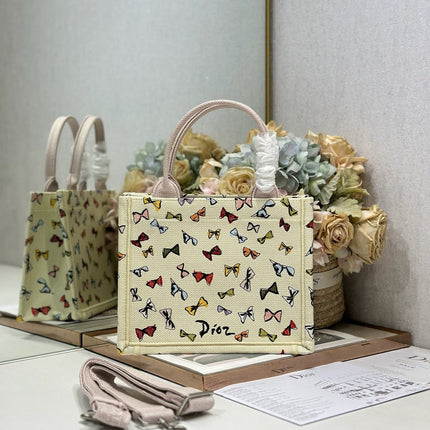 DIOR 26S MINI BOOK TOTE 26 IN BEIGE WHITE BOW PRINT WOVEN FABRIC