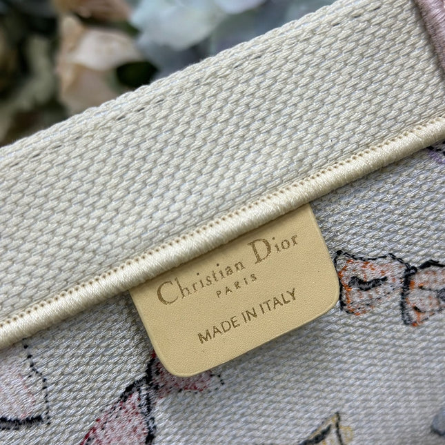 DIOR 26S LARGE BOOK TOTE 42 BEIGE WHITE BOW PRINT WOVEN FABRIC