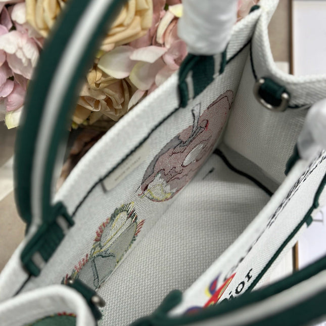 DIOR 26S MINI BOOK TOTE 26 IN CREAM WHITE AND GREEN WOVEN FABRIC