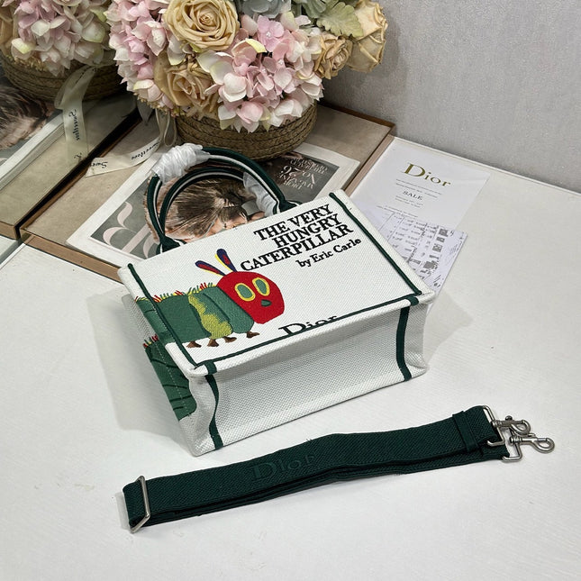 DIOR 26S MINI BOOK TOTE 26 IN CREAM WHITE AND GREEN WOVEN FABRIC