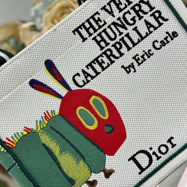 DIOR 26S MINI BOOK TOTE 26 IN CREAM WHITE AND GREEN WOVEN FABRIC