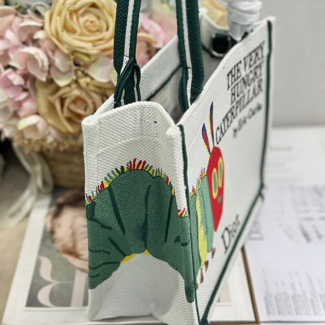 DIOR 26S MINI BOOK TOTE 26 IN CREAM WHITE AND GREEN WOVEN FABRIC
