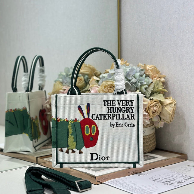 DIOR 26S MINI BOOK TOTE 26 IN CREAM WHITE AND GREEN WOVEN FABRIC