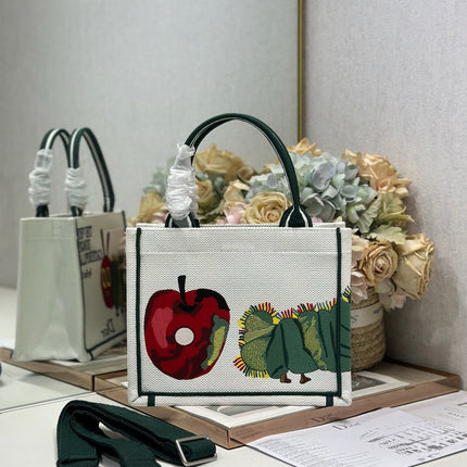 DIOR 26S MINI BOOK TOTE 26 IN CREAM WHITE AND GREEN WOVEN FABRIC