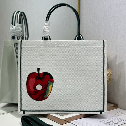 DIOR 26S LARGE BOOK TOTE 42 IN CREAM WHITE AND GREEN WOVEN FABRIC