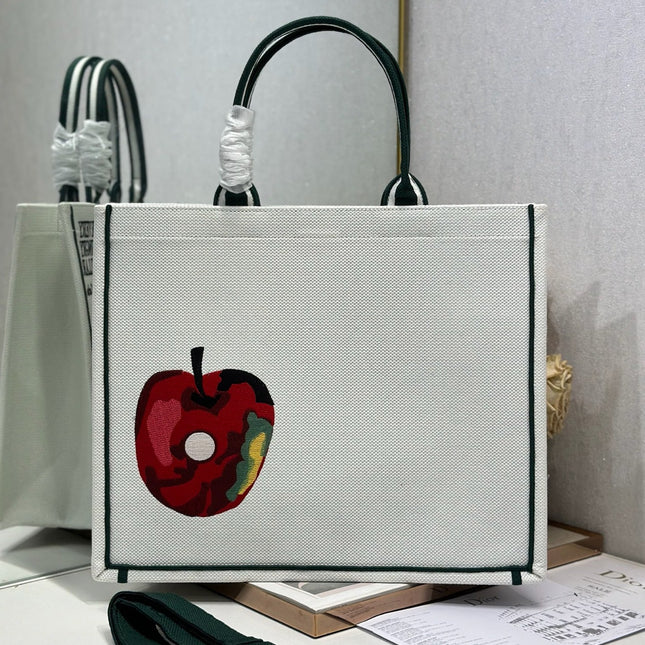 DIOR 26S LARGE BOOK TOTE 42 IN CREAM WHITE AND GREEN WOVEN FABRIC