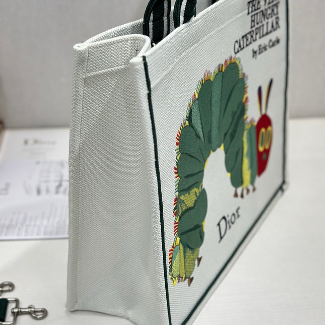 DIOR 26S LARGE BOOK TOTE 42 IN CREAM WHITE AND GREEN WOVEN FABRIC