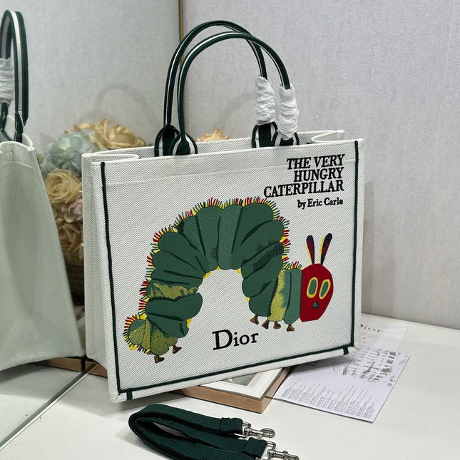 DIOR 26S LARGE BOOK TOTE 42 IN CREAM WHITE AND GREEN WOVEN FABRIC