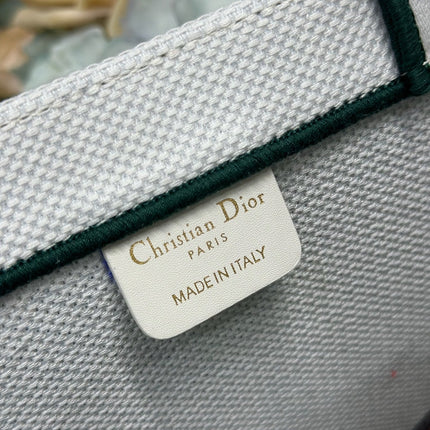 DIOR 26S LARGE BOOK TOTE 42 IN CREAM WHITE AND GREEN WOVEN FABRIC