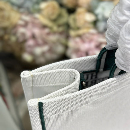 DIOR 26S LARGE BOOK TOTE 42 IN CREAM WHITE AND GREEN WOVEN FABRIC