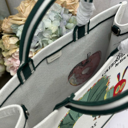 DIOR 26S LARGE BOOK TOTE 42 IN CREAM WHITE AND GREEN WOVEN FABRIC