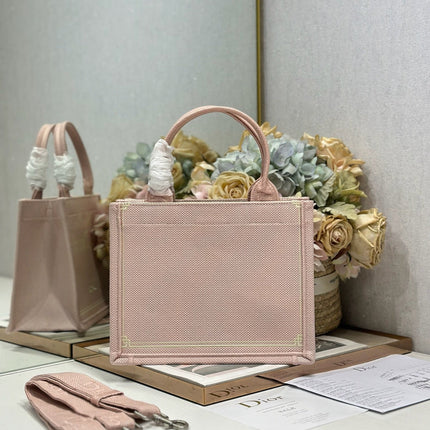 DIOR 26S MINI BOOK TOTE 26 IN LIGHT PINK WOVEN FABRIC