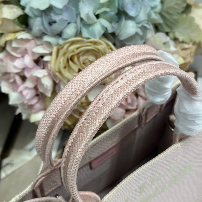 DIOR 26S MINI BOOK TOTE 26 IN LIGHT PINK WOVEN FABRIC