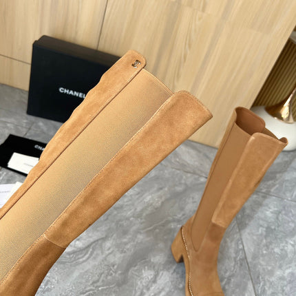 CHANEL 25S HIGH BOOTS STRETCHY SHAFT 85MM IN CARAMEL SUEDE GOLD HARDWARE