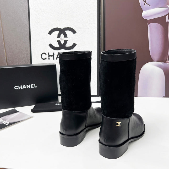 CHANEL 25S MID-CALF BOOTS 35MM IN BLACK CALFSKIN AND SUEDE GOLD HARDWARE