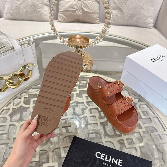 POLLY WEDGE MULE IN TAN BROWN SHINY CALFSKIN