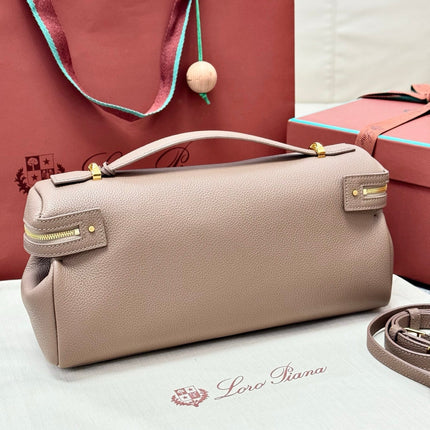 LORO PIANA 26S ZIPPERED TOP HANDLE BAG IN TAUPE CALFSKIN