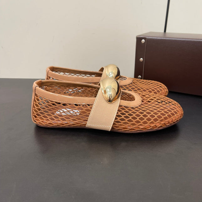 ALAIA BALLET FLATS IN COPPER BROWN MESH FISHNET WITH GOLD HARDWARE