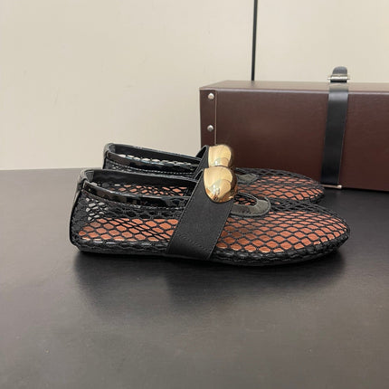 ALAIA BALLET FLATS IN BLACK MESH FISHNET WITH GOLD HARDWARE