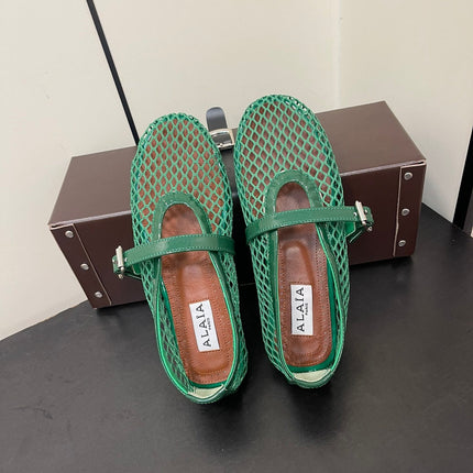 ALAIA BALLET FLATS IN COOL GREEN MESH FISHNET