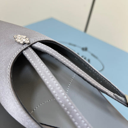 CUT-OUT PUMPS WITH BEAD BUCKLE IN WARM GRAY SATIN