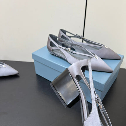 CUT-OUT PUMPS WITH BEAD BUCKLE IN WARM GRAY SATIN