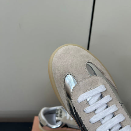 THICK-SOLED RETRO SNEAKERS IN SILVER METALLIC LAMBSKIN AND BEIGE SUEDE