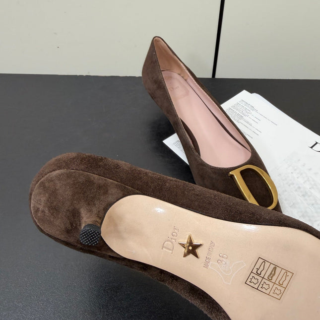 DIOR 26S POINTED-TOE HIGH HEELS 35MM IN DARK BROWN SUEDE GOLD HARDWARE