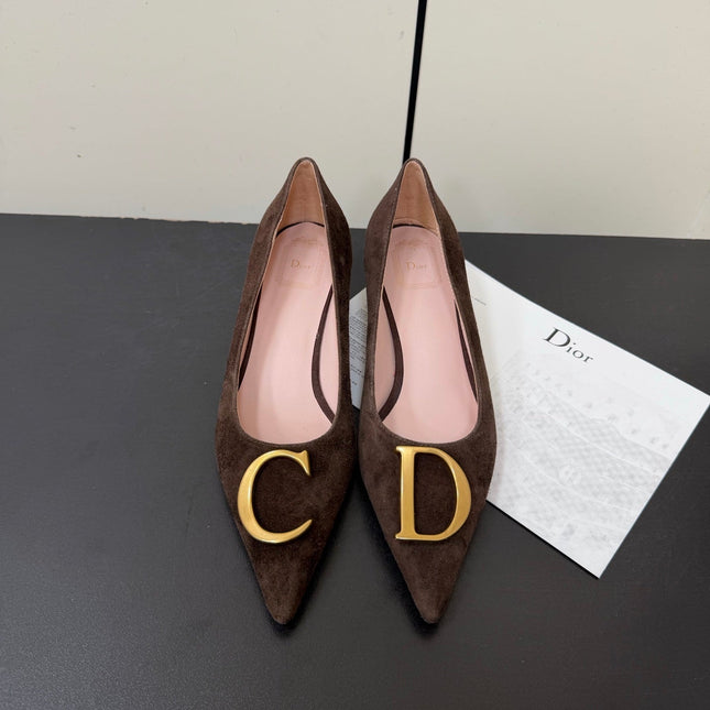 DIOR 26S POINTED-TOE HIGH HEELS 35MM IN DARK BROWN SUEDE GOLD HARDWARE