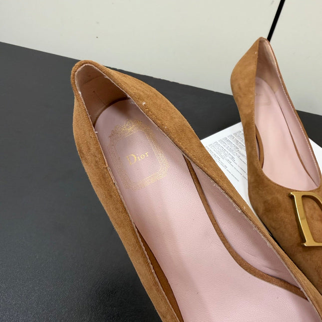DIOR 26S POINTED-TOE HIGH HEELS 35MM IN TAN BROWN SUEDE GOLD HARDWARE