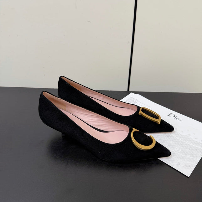 DIOR 26S POINTED-TOE HIGH HEELS 35MM IN BLACK SUEDE GOLD HARDWARE