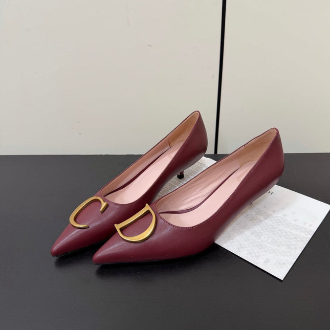 DIOR 26S POINTED-TOE HIGH HEELS 35MM IN DARK RED CALFSKIN GOLD HARDWARE
