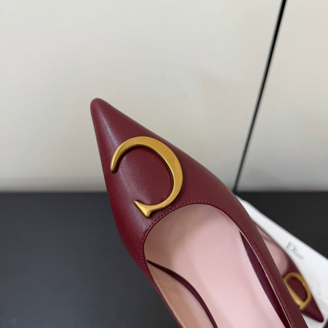 DIOR 26S POINTED-TOE HIGH HEELS 35MM IN DARK RED CALFSKIN GOLD HARDWARE