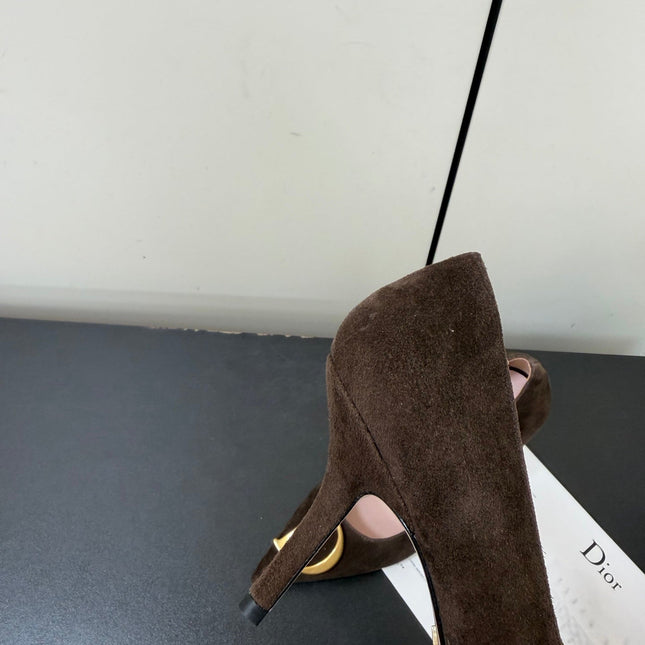 DIOR 26S POINTED-TOE HIGH HEELS 70MM IN DARK BROWN SUEDE GOLD HARDWARE