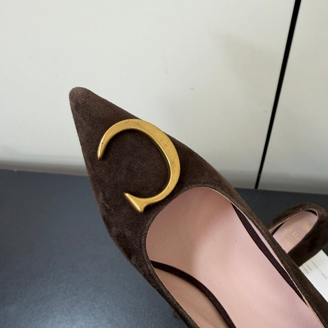 DIOR 26S POINTED-TOE HIGH HEELS 70MM IN DARK BROWN SUEDE GOLD HARDWARE