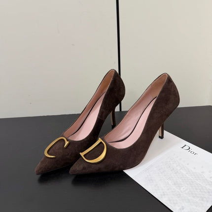 DIOR 26S POINTED-TOE HIGH HEELS 70MM IN DARK BROWN SUEDE GOLD HARDWARE