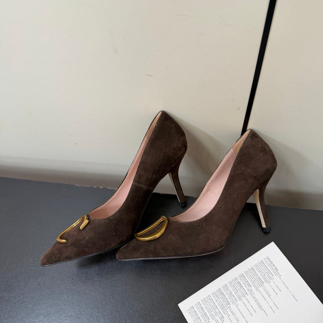 DIOR 26S POINTED-TOE HIGH HEELS 70MM IN DARK BROWN SUEDE GOLD HARDWARE